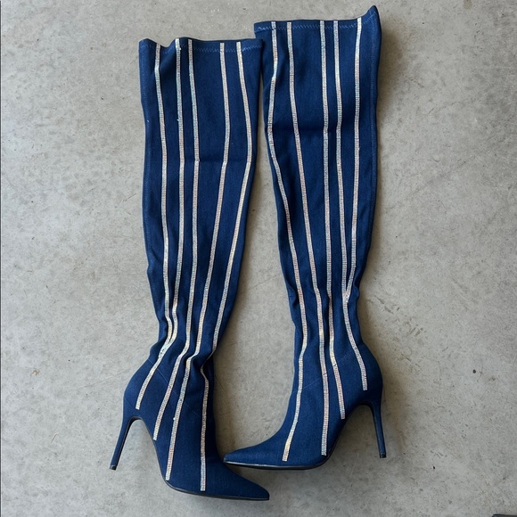 Cape Robbin Women’s Hidenim Rhinestone Thigh High Stiletto Boots - Denim Sz 9 @ - Picture 1 of 10